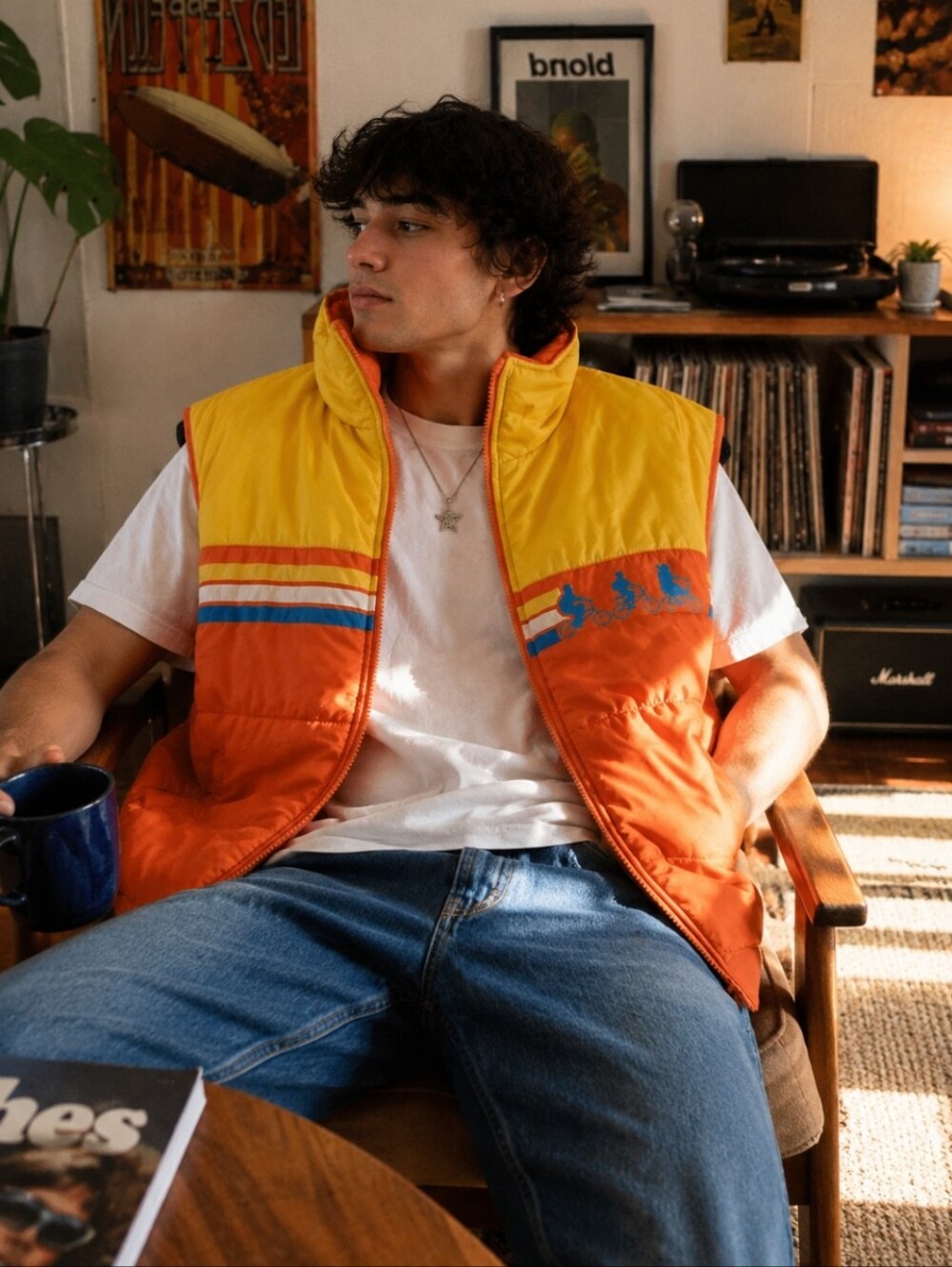 Stranger Things Puffer Vest XL Orange  Retro Hawkins Bike Graphic Zip Up Unisex